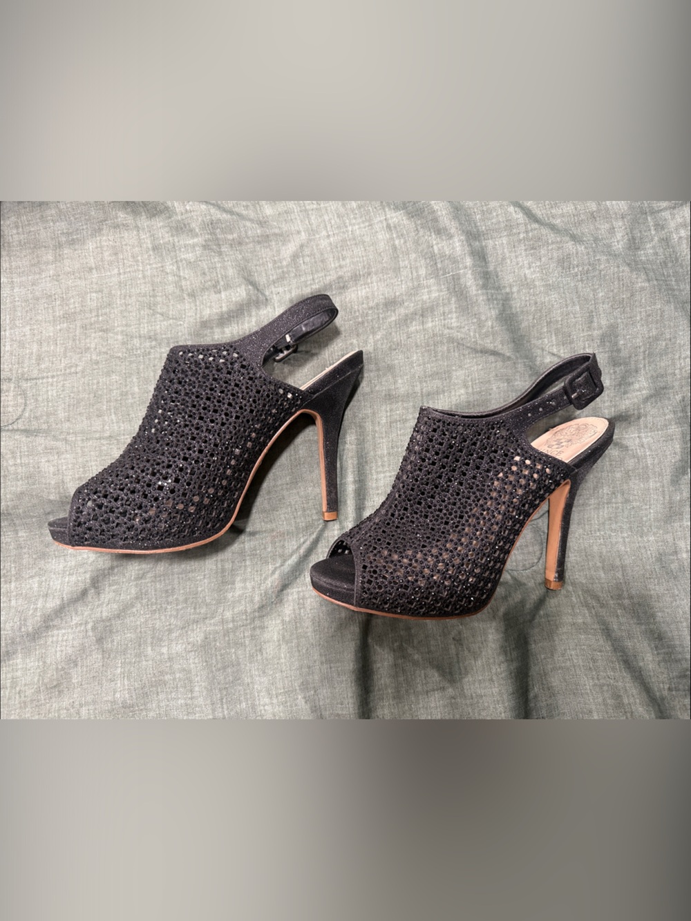 Vince Camuto Black Crystal Open-Toe Slingback Stiletto Heels